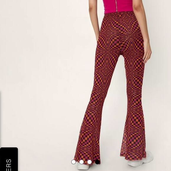 NWT Nasty Gal Abstract Checked Print Mesh Flare Pants - Picture 3 of 7